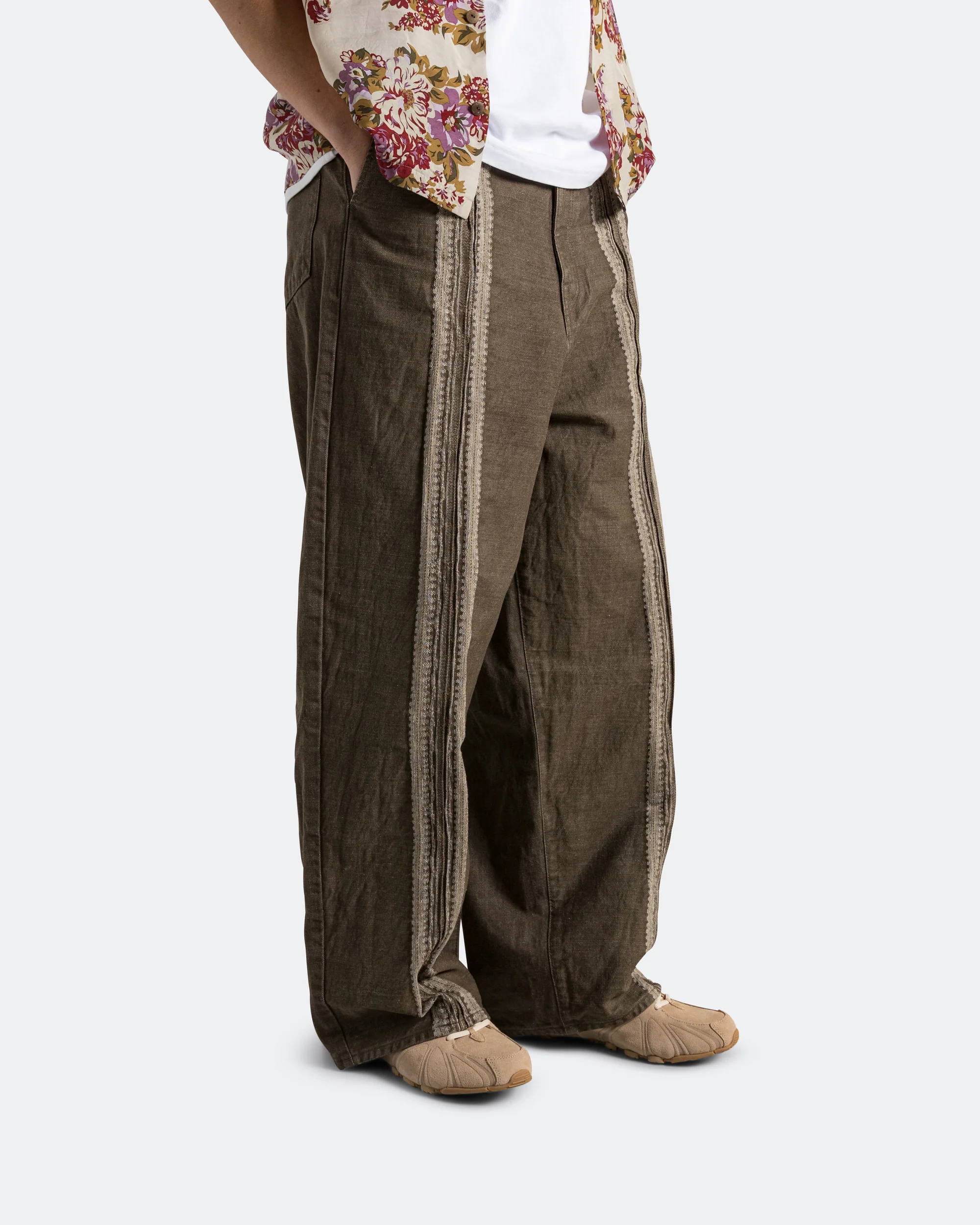 12oz YAGASURI Jacquard Denim PORT Baggy Pants - Khaki - Image 5
