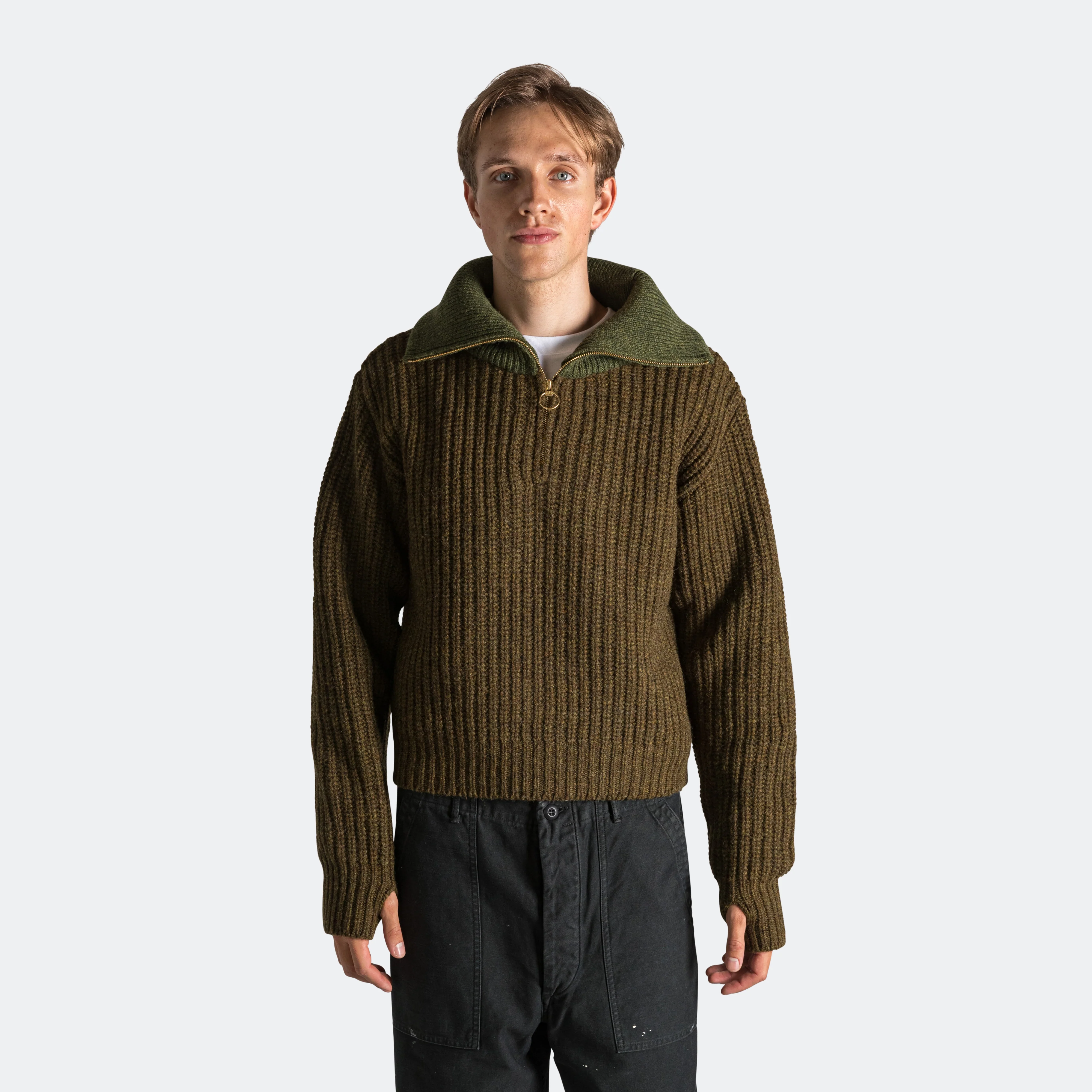 3G Wool Cable Knit ZIP UP Pullover - Khaki - Image 2