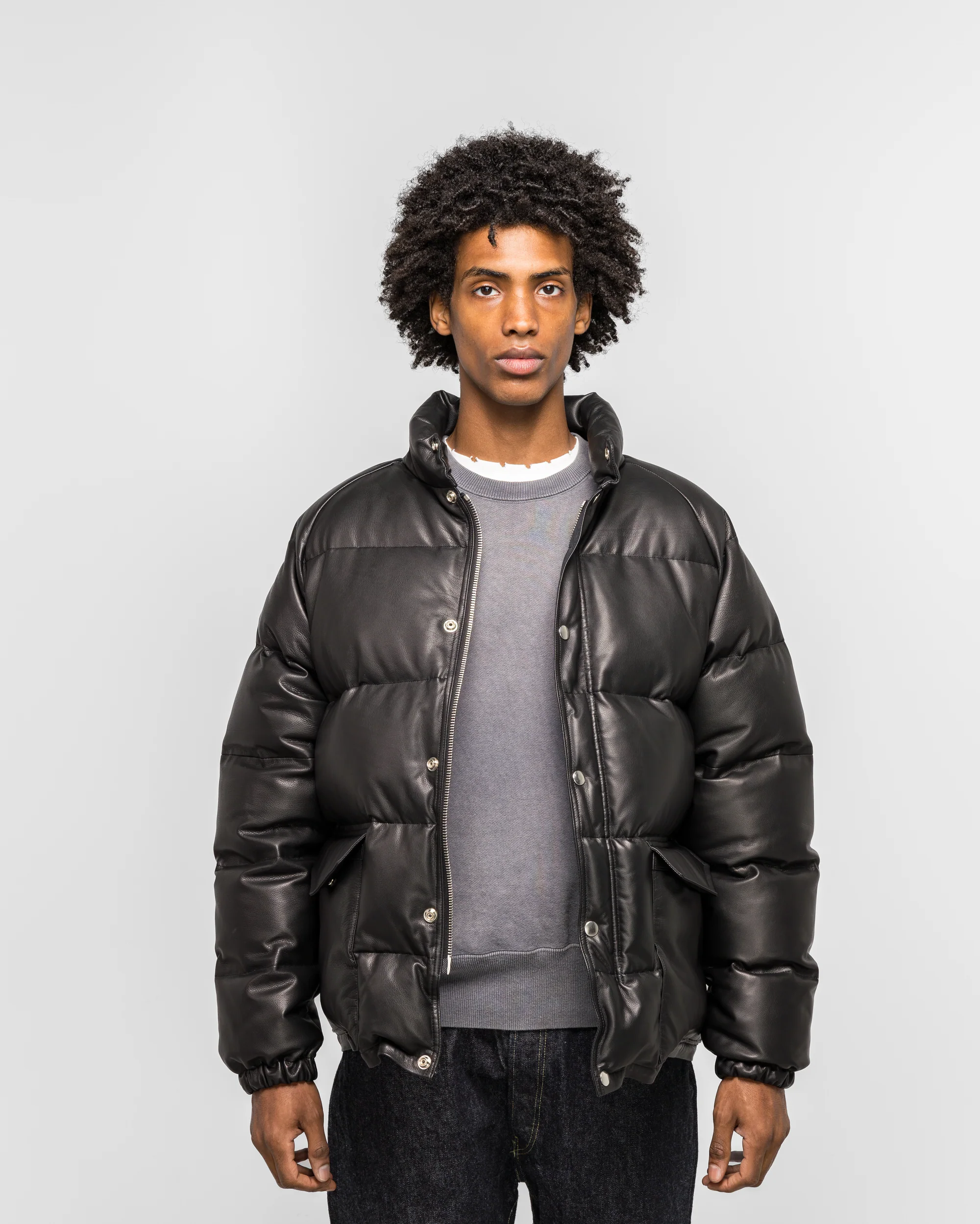 Leather Down Jacket - Black - Image 2