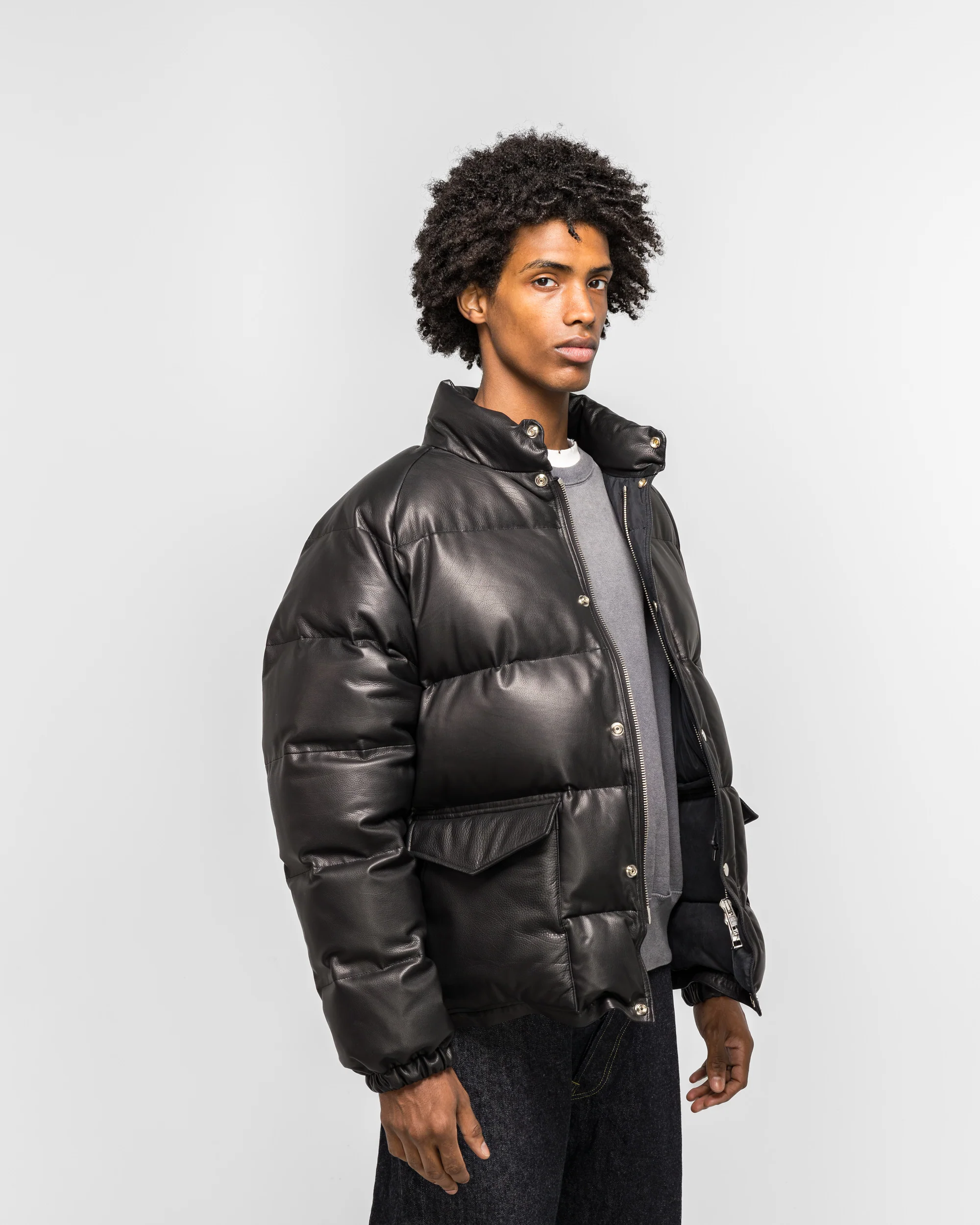 Leather Down Jacket - Black - Image 3