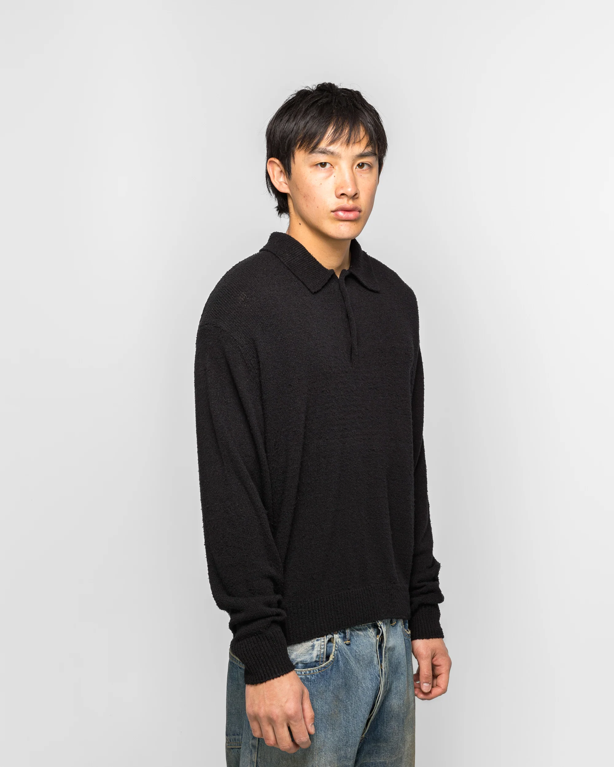 Washed Silk Nep Polo Shirt - Black - Image 3
