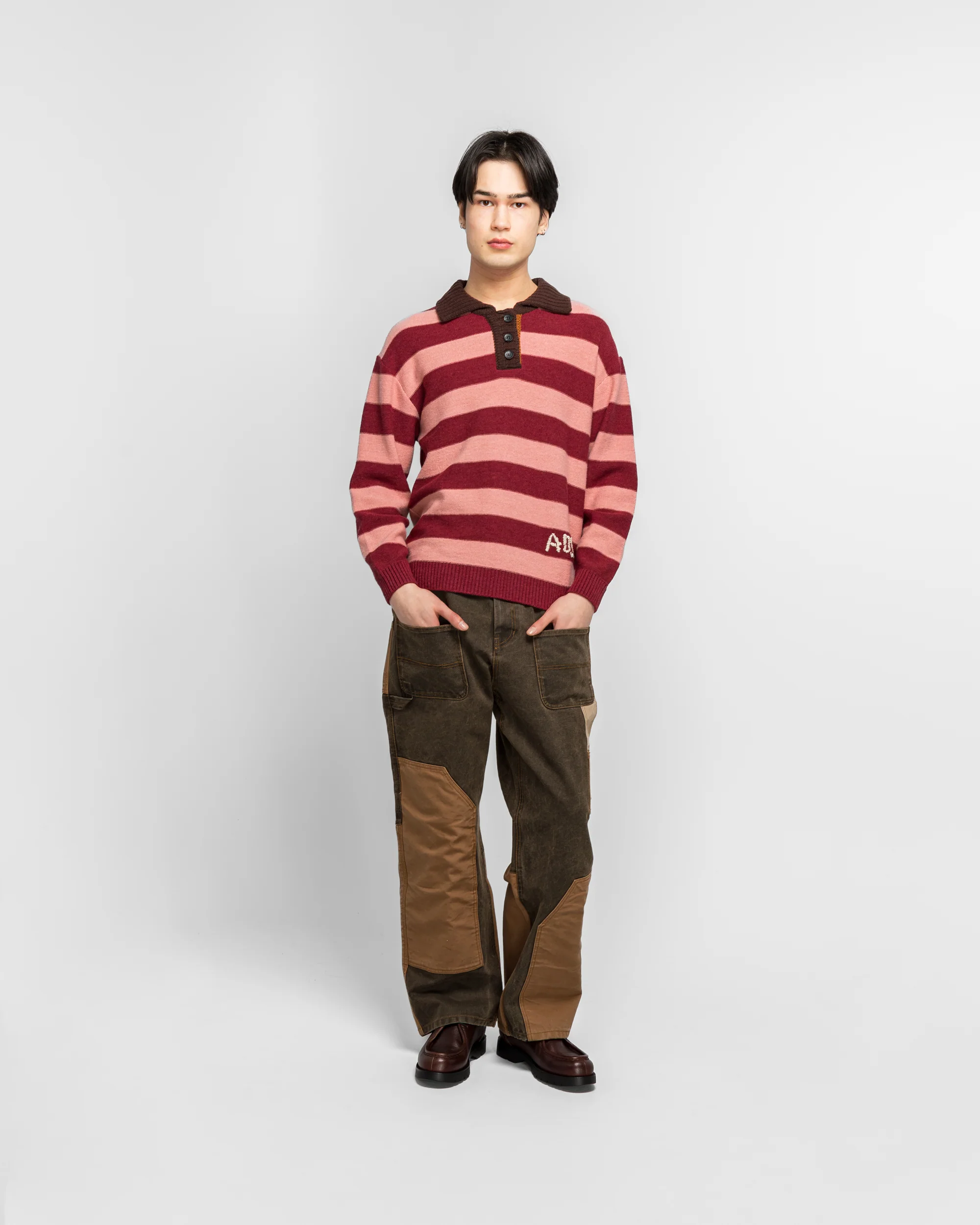 Loose-Fit Stripe Collar Sweater - Pink/Red White - Image 6