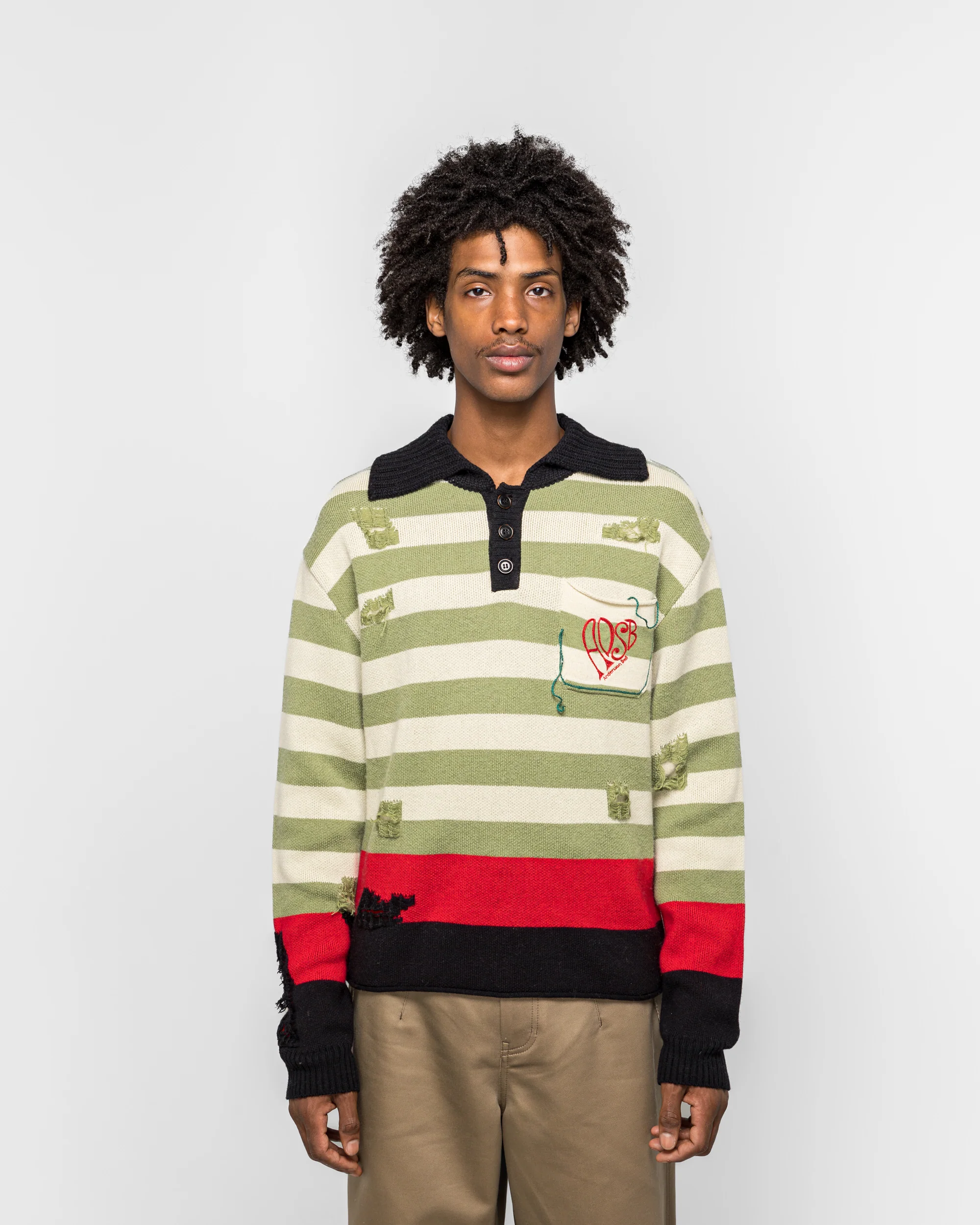 Stripe Damaged Polo Sweater - Multi - Image 2