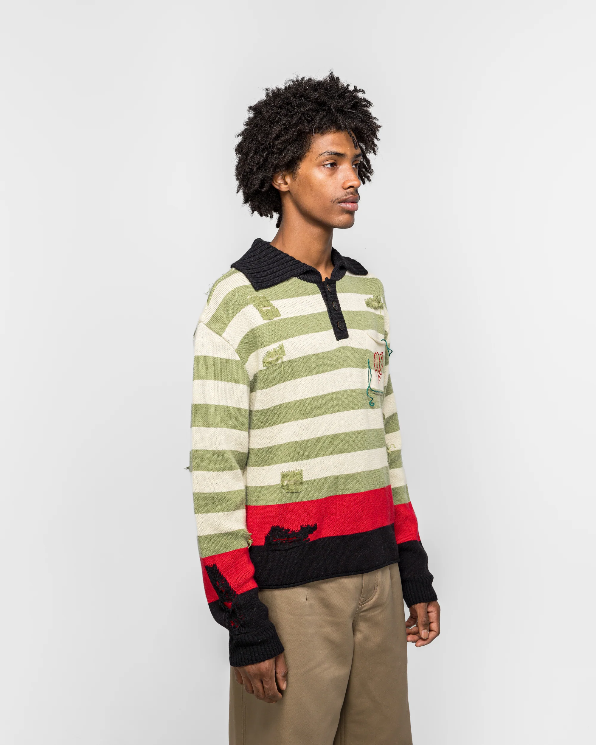 Stripe Damaged Polo Sweater - Multi - Image 3