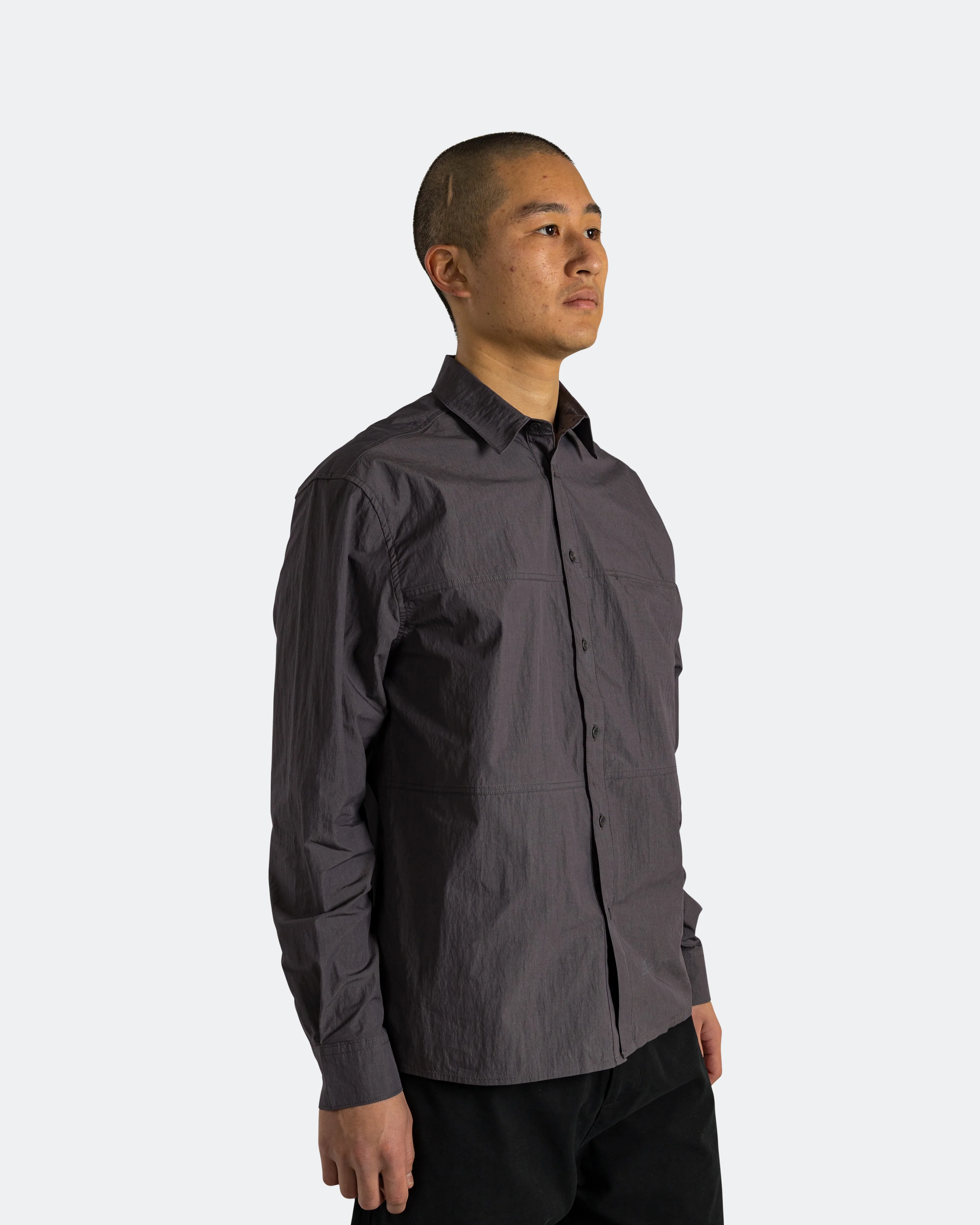 Crinkle Cotton Panel Shirt - Charcoal - Image 4