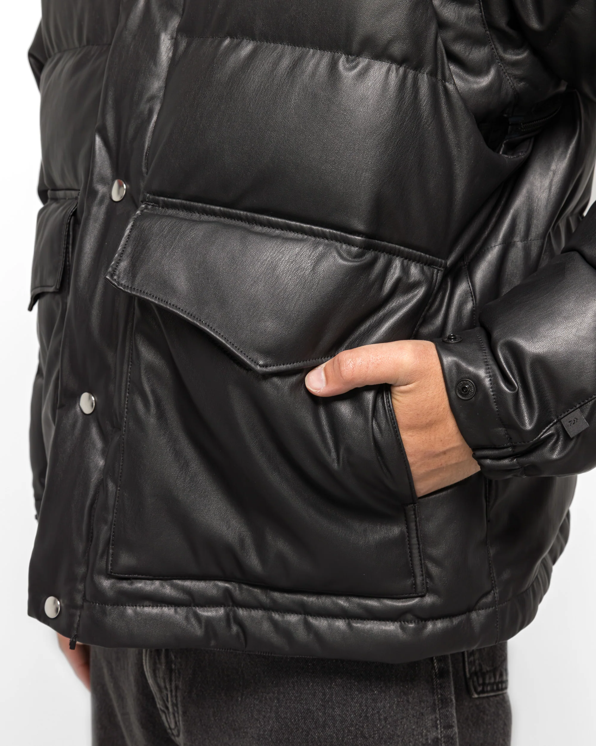 Tech 2WAY Leather Like Down Jacket - Black - Image 5