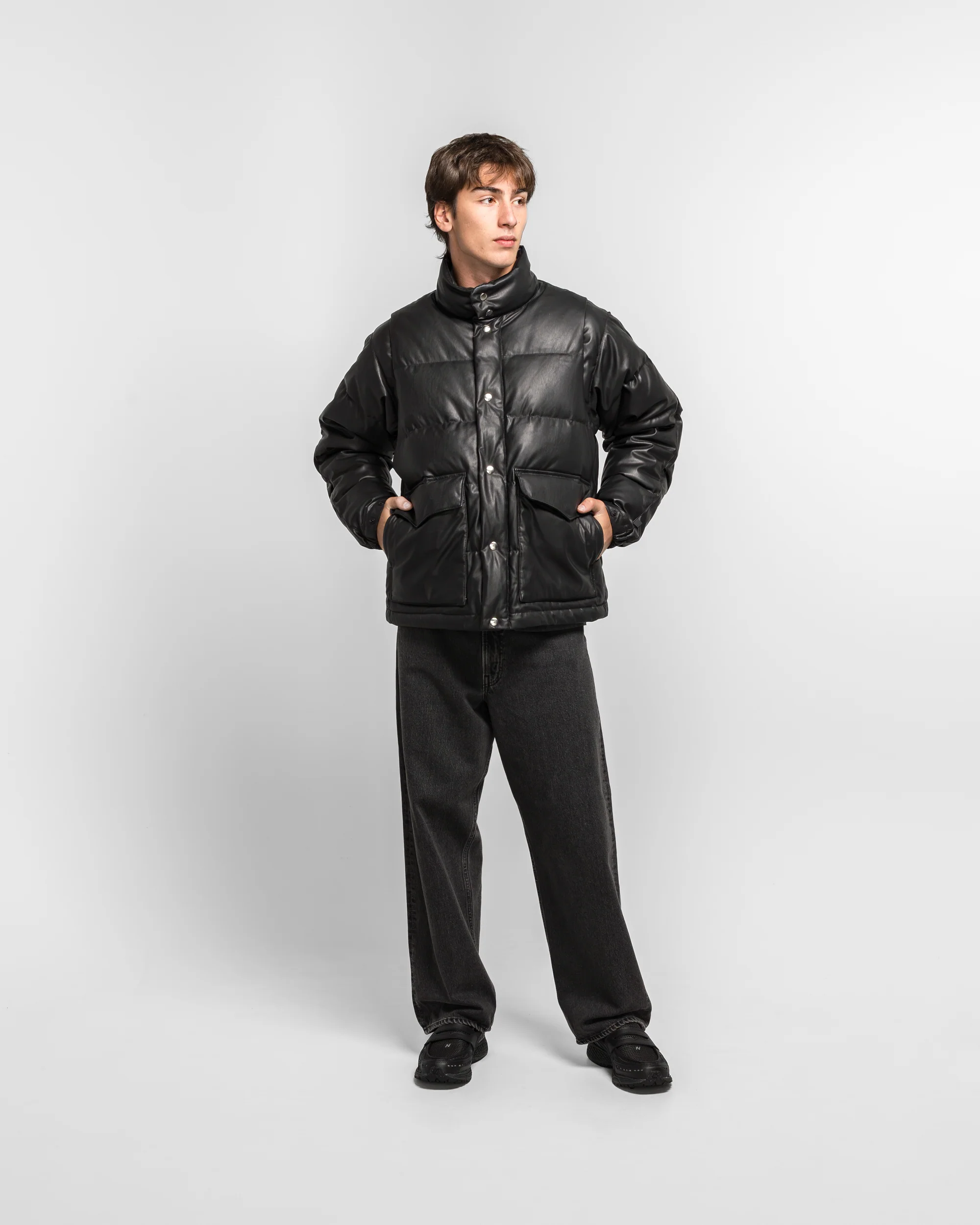 Tech 2WAY Leather Like Down Jacket - Black - Image 6