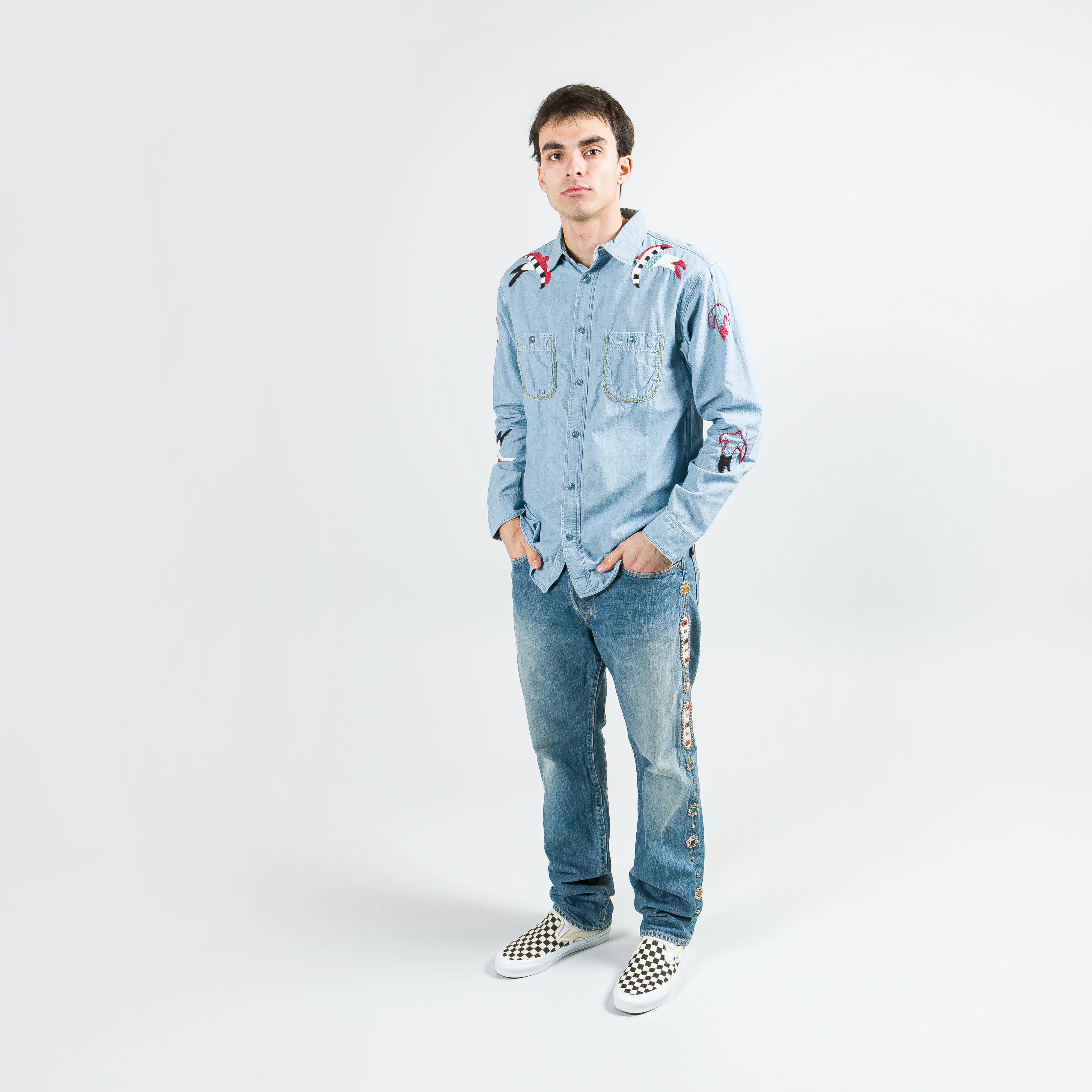 Chambray WORK Shirt (Swallow Embroidery) - Sax - Image 8