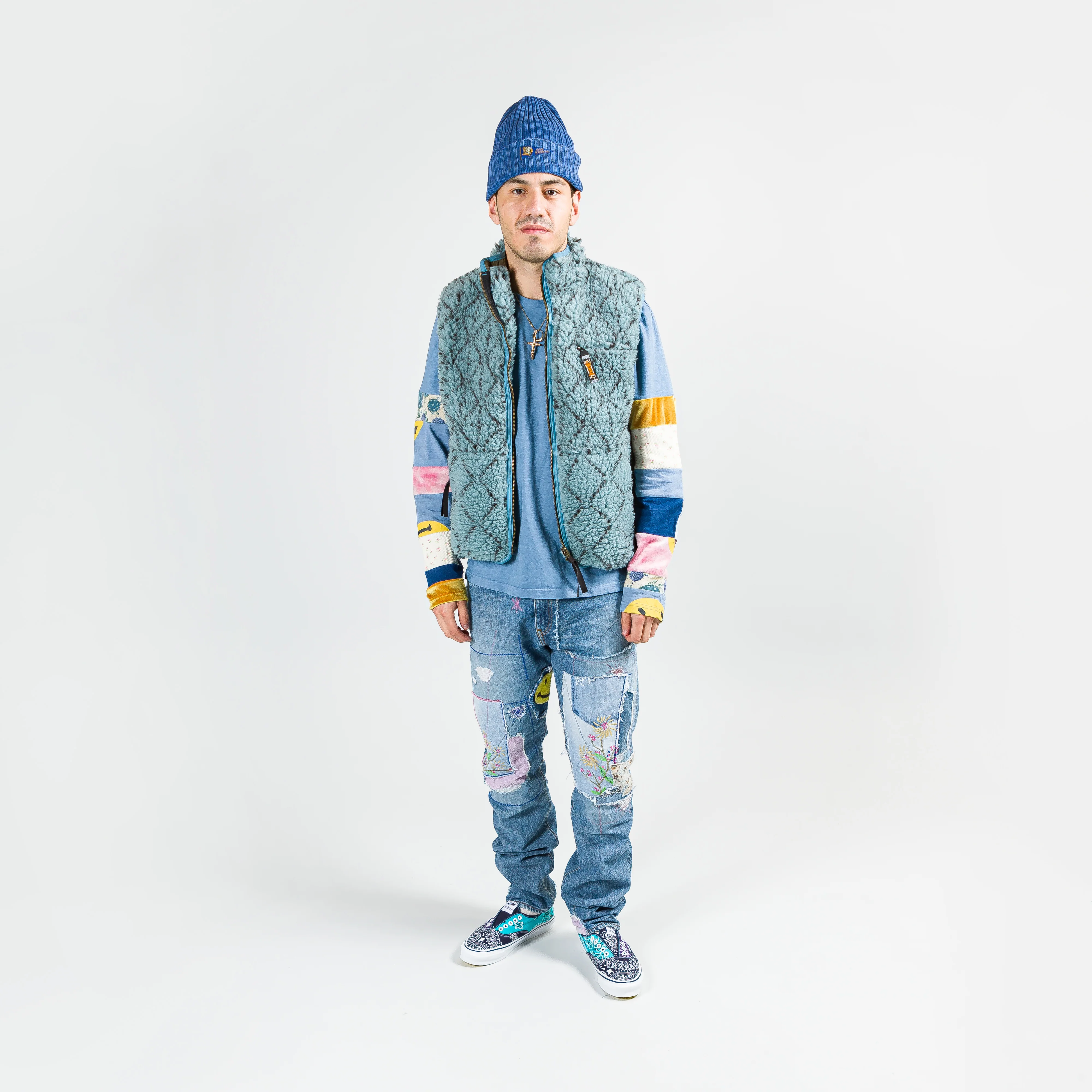 DO-GI SASHIKO Boa Fleece Reversible Vest - Blue - Image 7