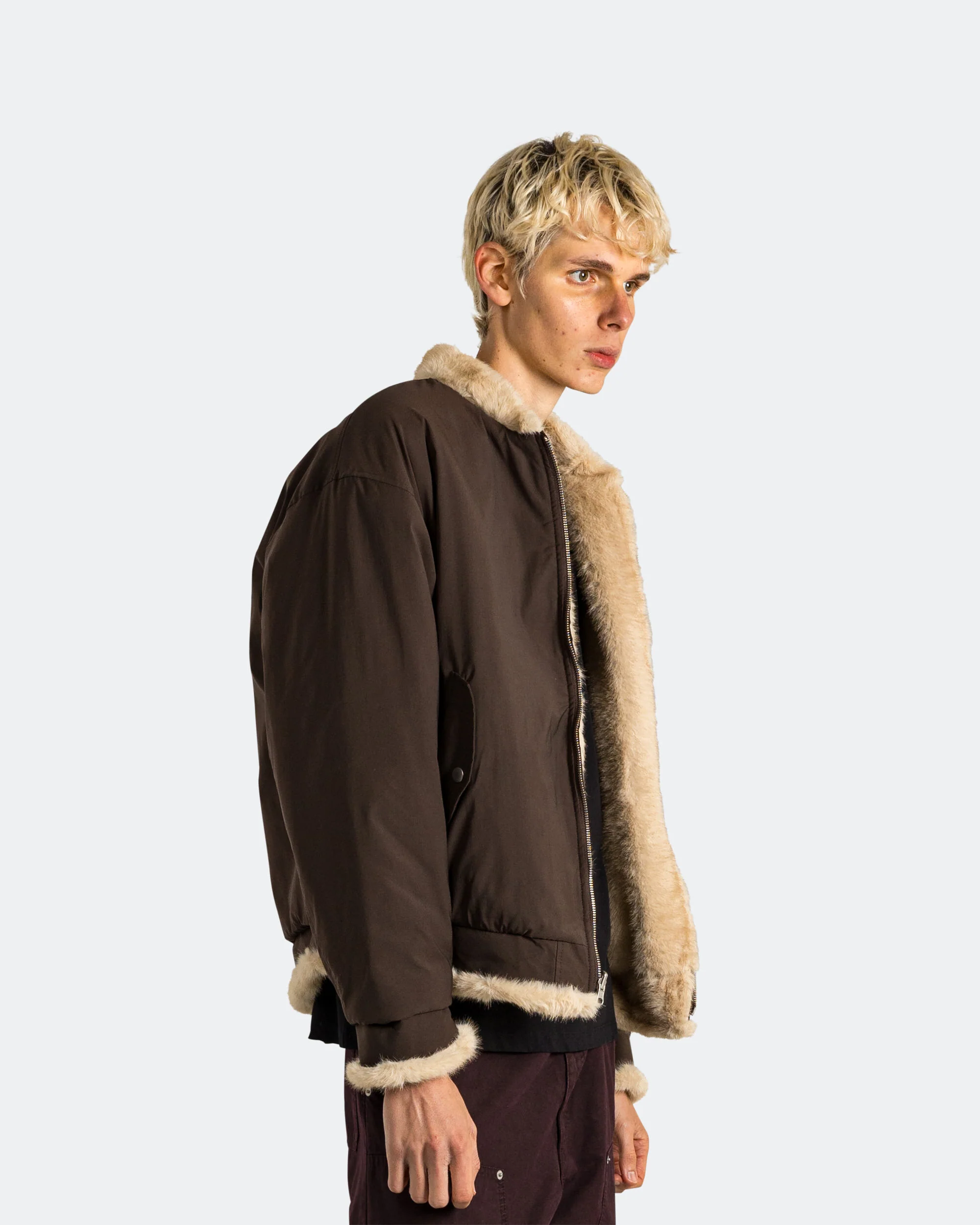 Sherpa Lined Bomber Jacket - Brown - Image 3
