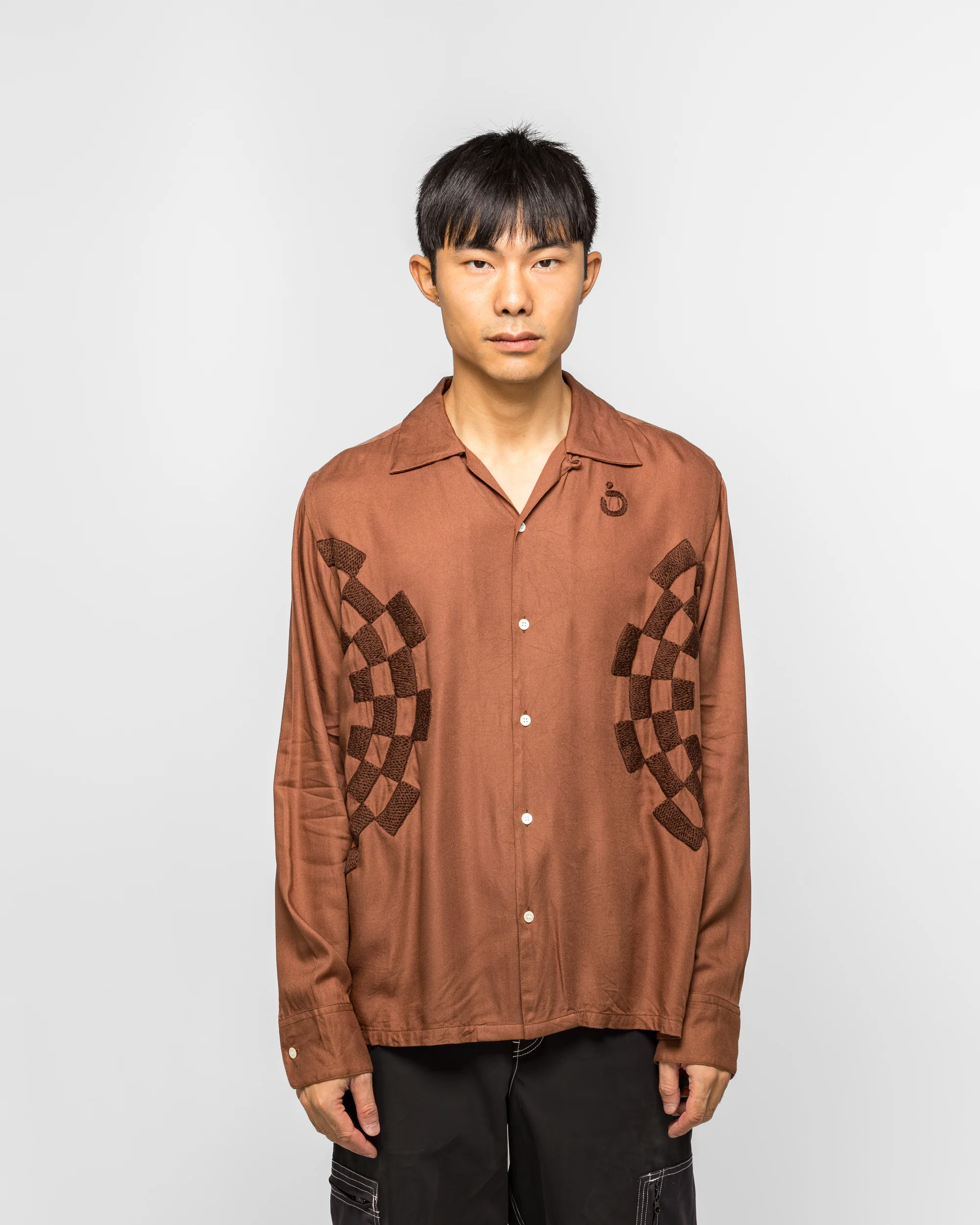 Checker Embroidery Open Collar Shirt - Walnut - Image 2