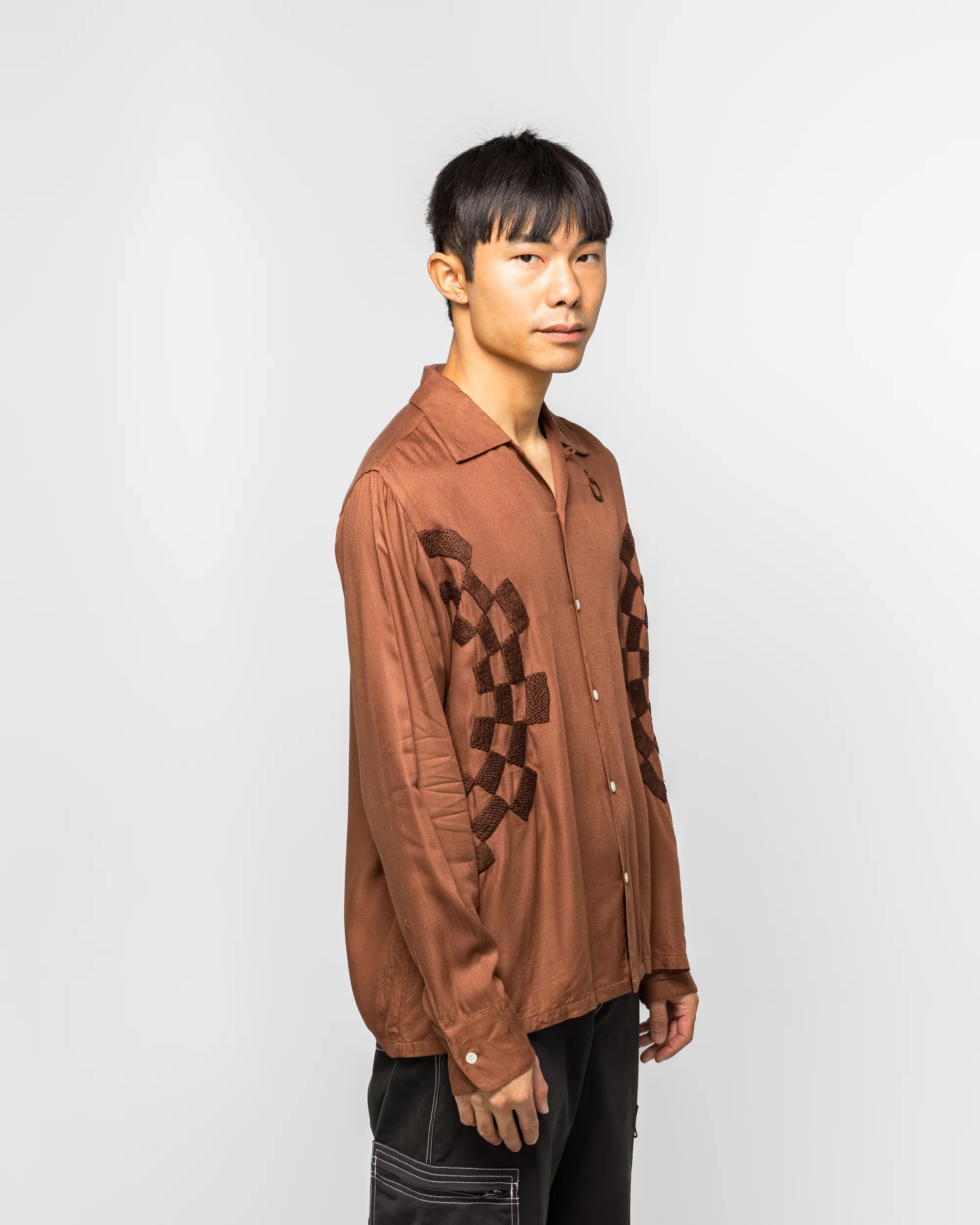 Checker Embroidery Open Collar Shirt - Walnut - Image 3