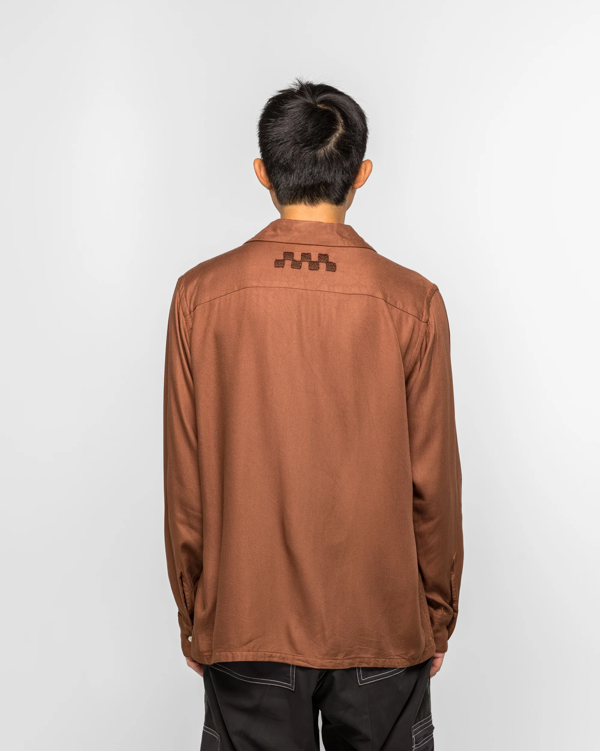 Checker Embroidery Open Collar Shirt - Walnut - Image 4