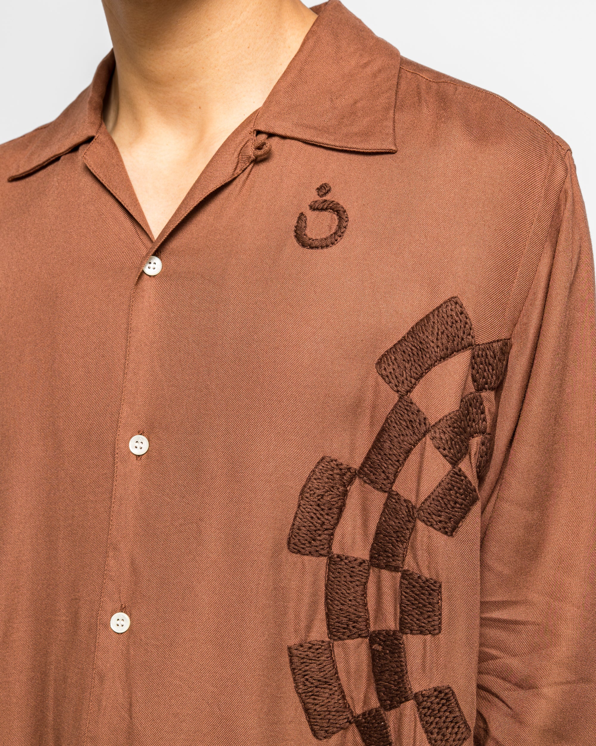 Checker Embroidery Open Collar Shirt - Walnut - Image 5