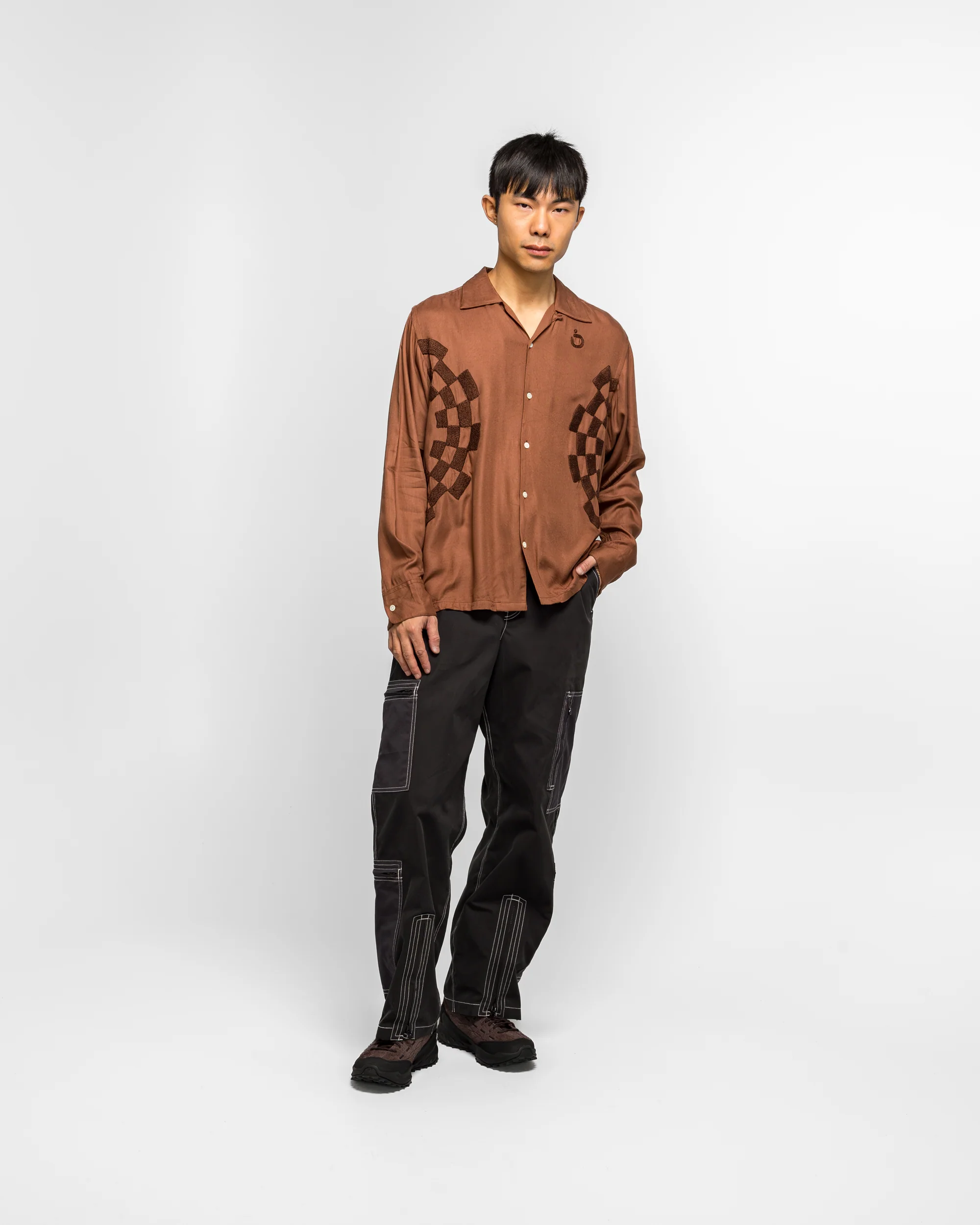Checker Embroidery Open Collar Shirt - Walnut - Image 6