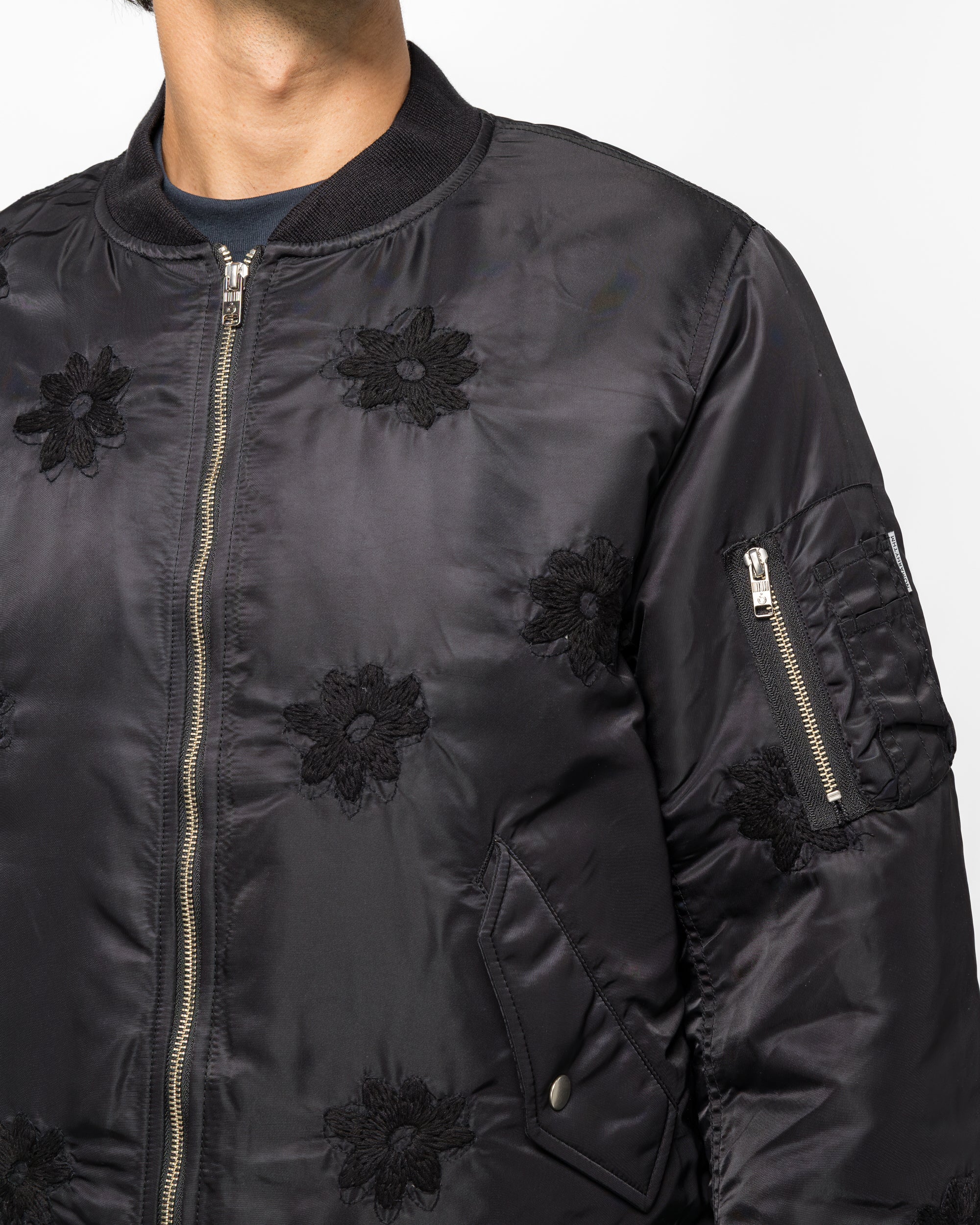 Flower Embroidery Flight Jacket - Black - Image 5