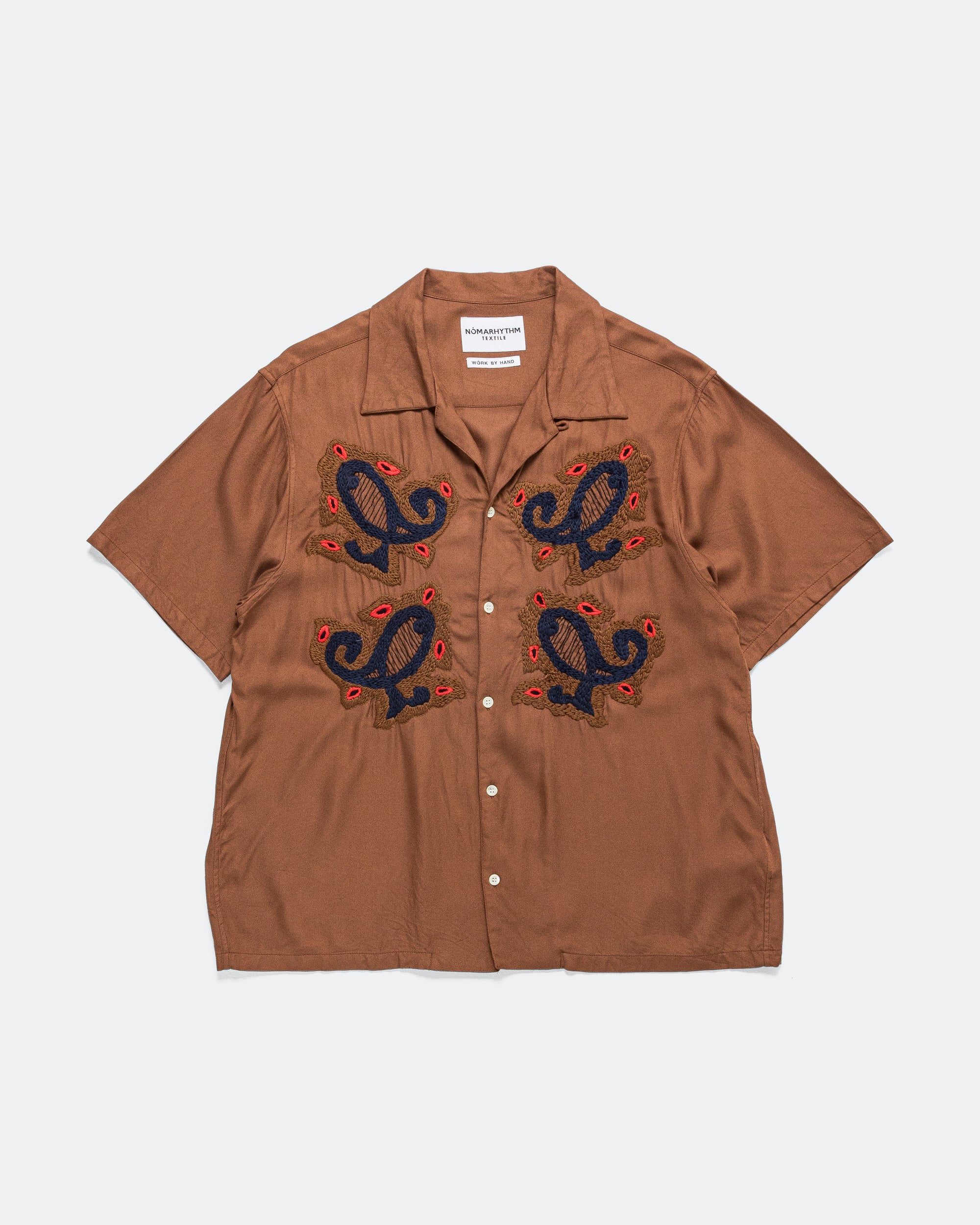 Paisley Embroidery Open Collar SS Shirt - Walnut