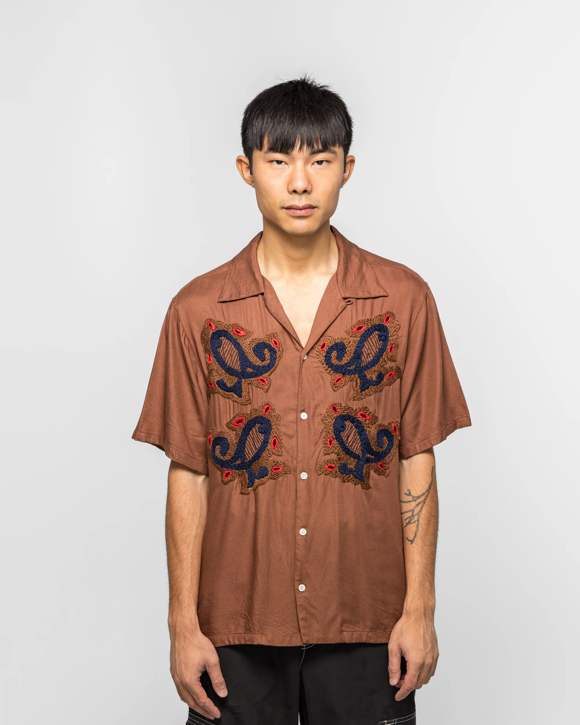 Paisley Embroidery Open Collar SS Shirt - Walnut - Image 2