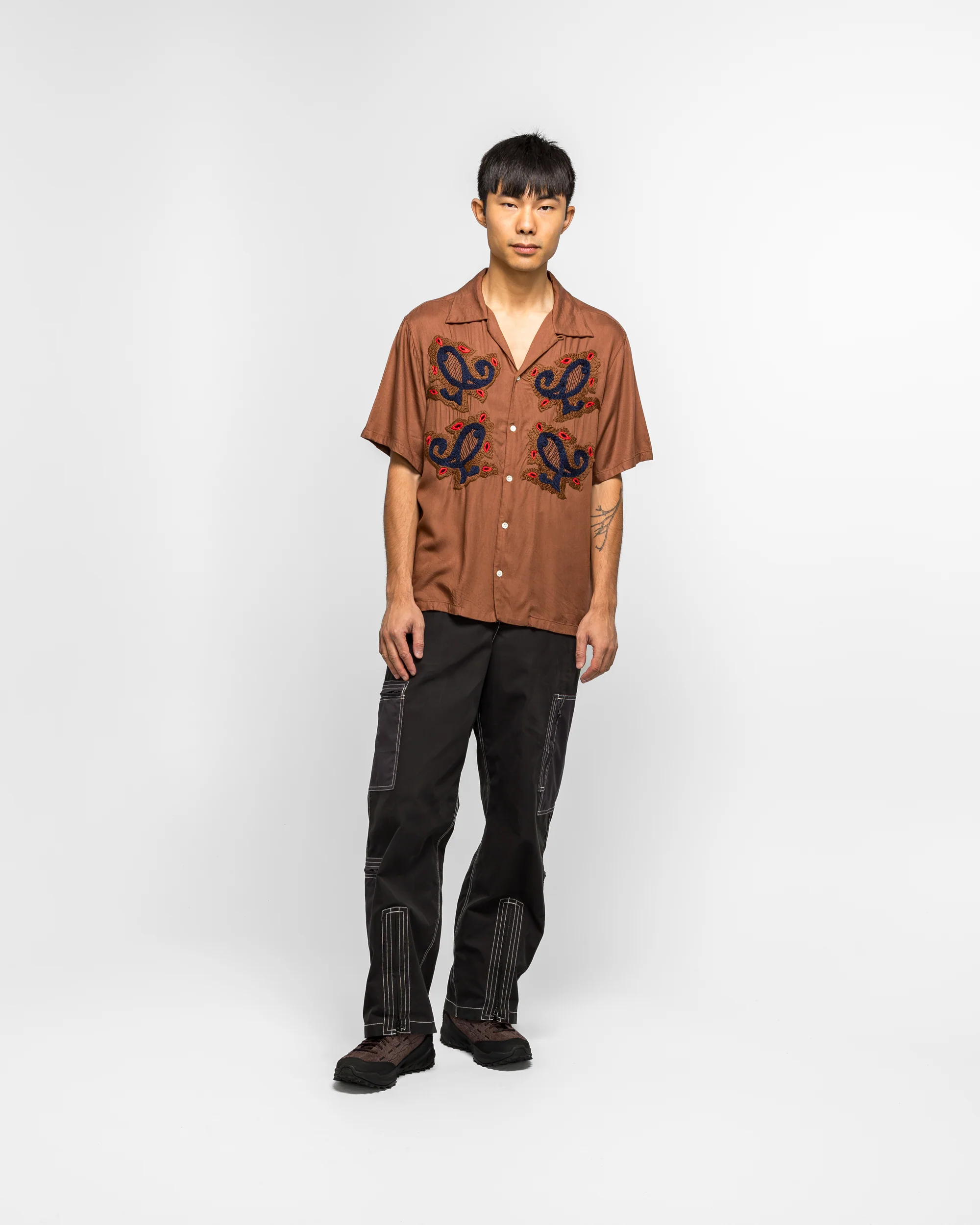 Paisley Embroidery Open Collar SS Shirt - Walnut - Image 6
