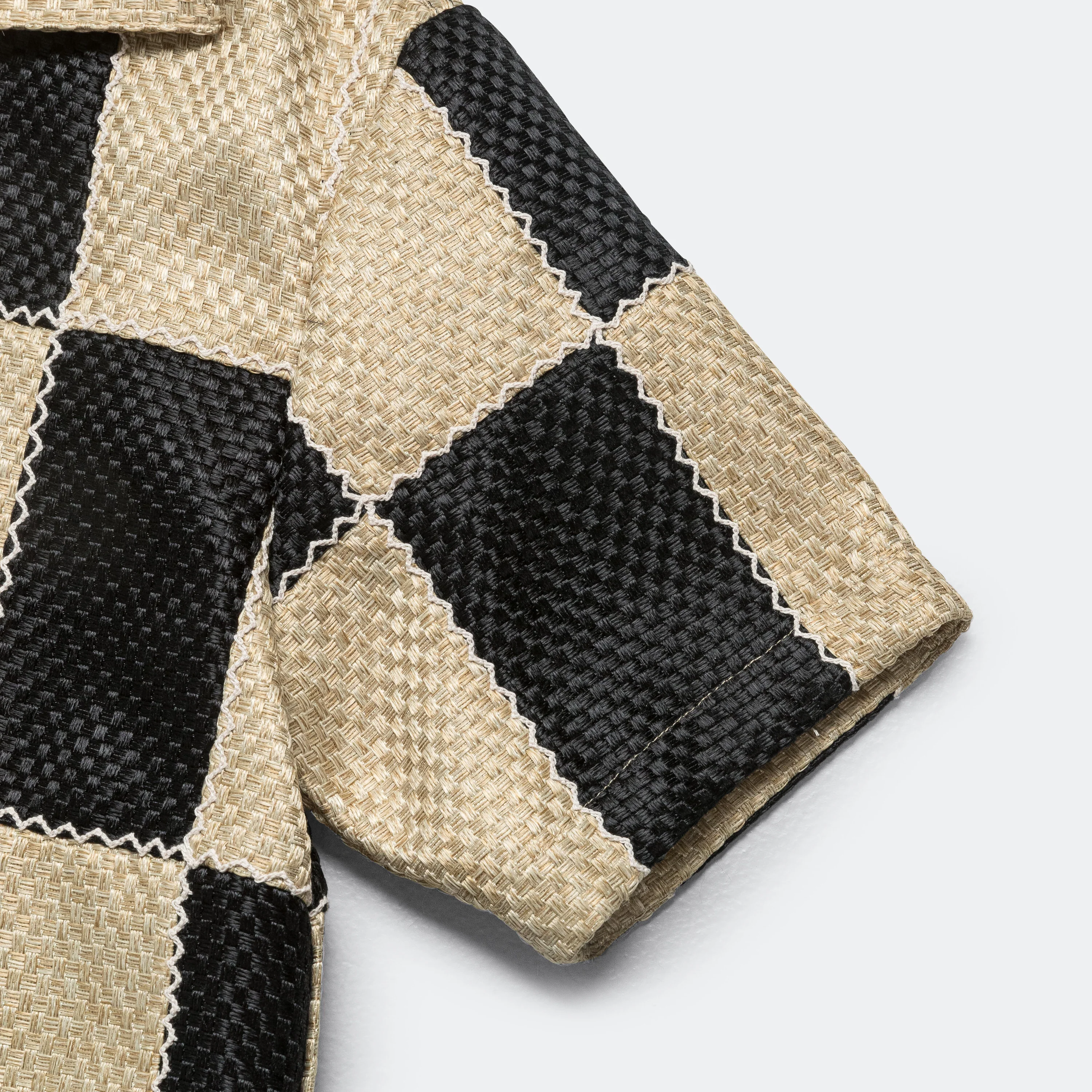 Patchwork Open Collar SS Shirt - Black/Beige - Image 6