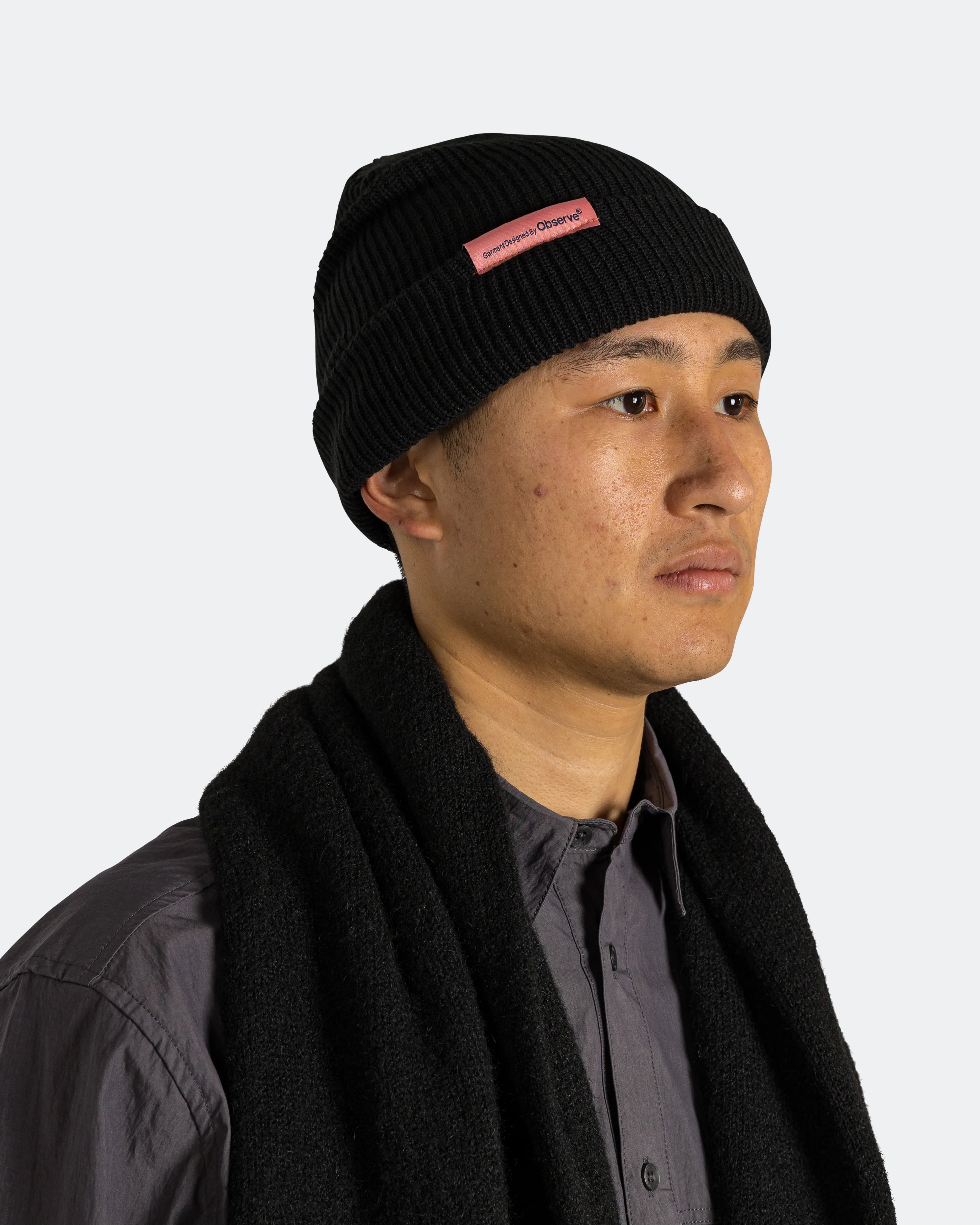 Ribbed Knit Label Beanie - Black - Image 2