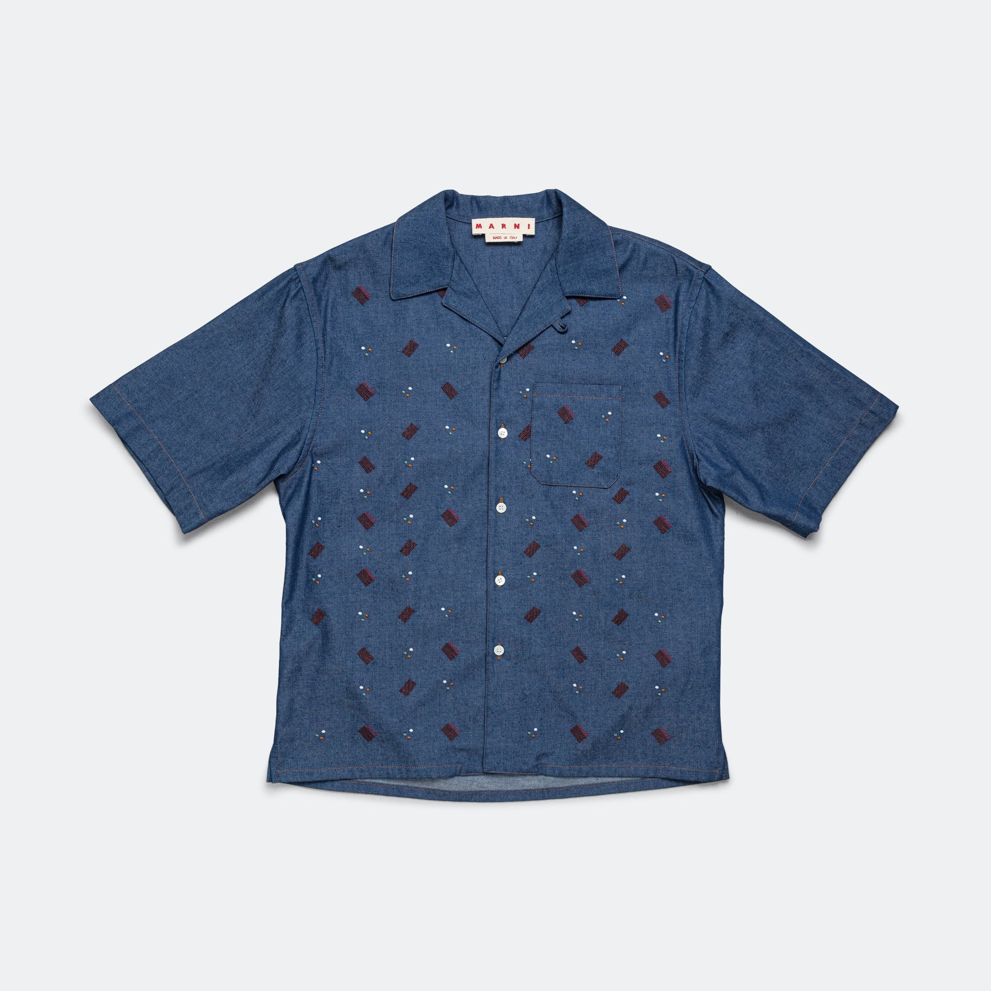 Short Sleeve Pattern Cotton Shirt - Blue