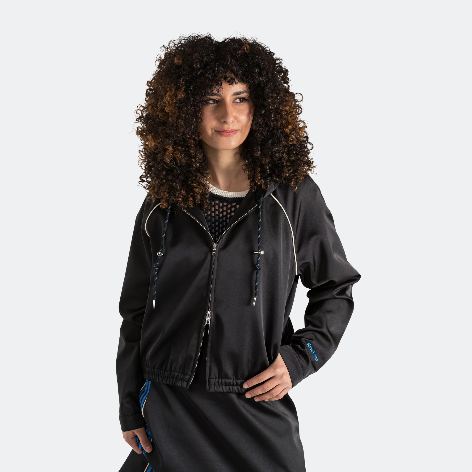 Womens Satin Hoodie x Wales Bonner - Black - Image 8