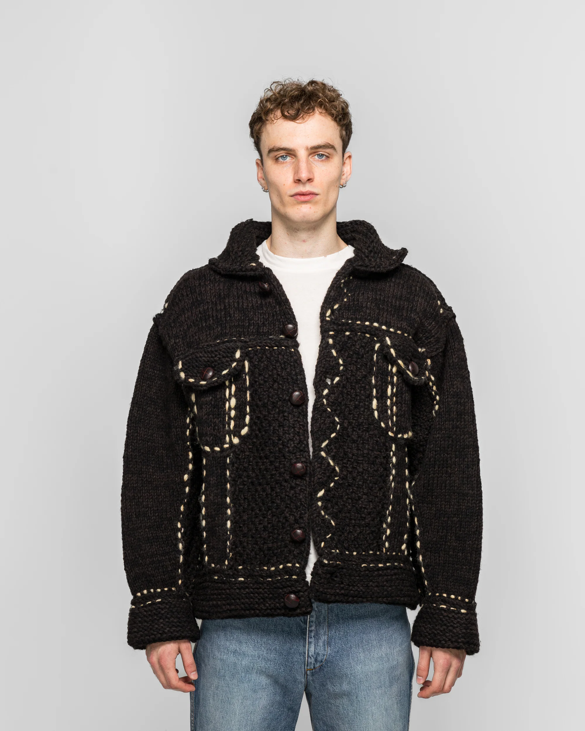 Wool Hand Knit Cowichan G-JACKET - Black - Image 2